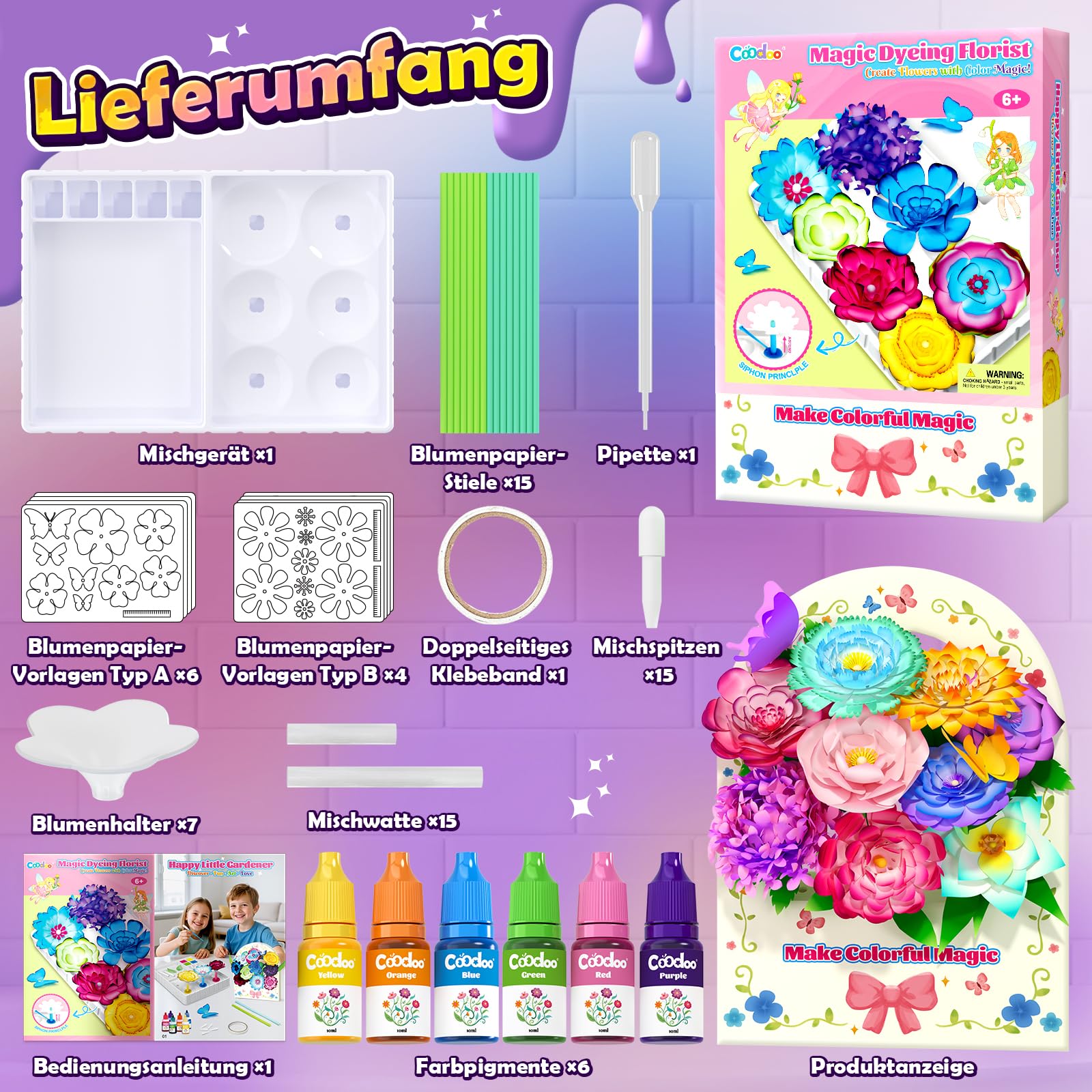 DIY Blumen Bastelset Kinder – Magisches Färben Floristik Set Basteln Mädchen Jungen Montessori Spielzeug ab 3 Jahre, Kreatives Geburtstags Ostern Valentinstag Geschenke Mädchen 3 4 5 6 7 8 9 10 Jahre 8