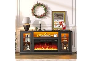 Rolanstar Fireplace TV Stand with Led and Power Outlets, Black Entertainment Center with 26" Electric Fireplace for 45/50/55/60/65 inch TVs, Modern TV Console with Storage Cabinet for Living Room