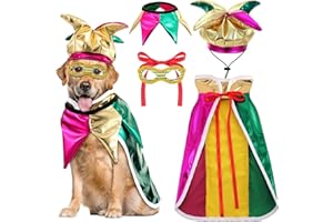 Locmeo 4 Pcs Mardi Gras Dog Costume Mardi Gras Clown Jester High Collar Cape Pet Accessories Set Golden Green Purple Puppy Dress Up with Mask Collar Dress for Small Dogs Outfit Decor(Large)
