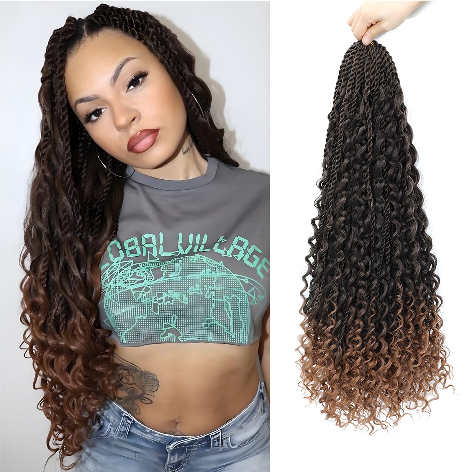 QIDESHENG 9 Packs Senegalese Twist Crochet Hair 24 Inch Pre-Looped Island Twist Boho Crochet Braids Hair Extensions with curls Synthetic Crochet Hair Extensions for Black Women（1B/30）