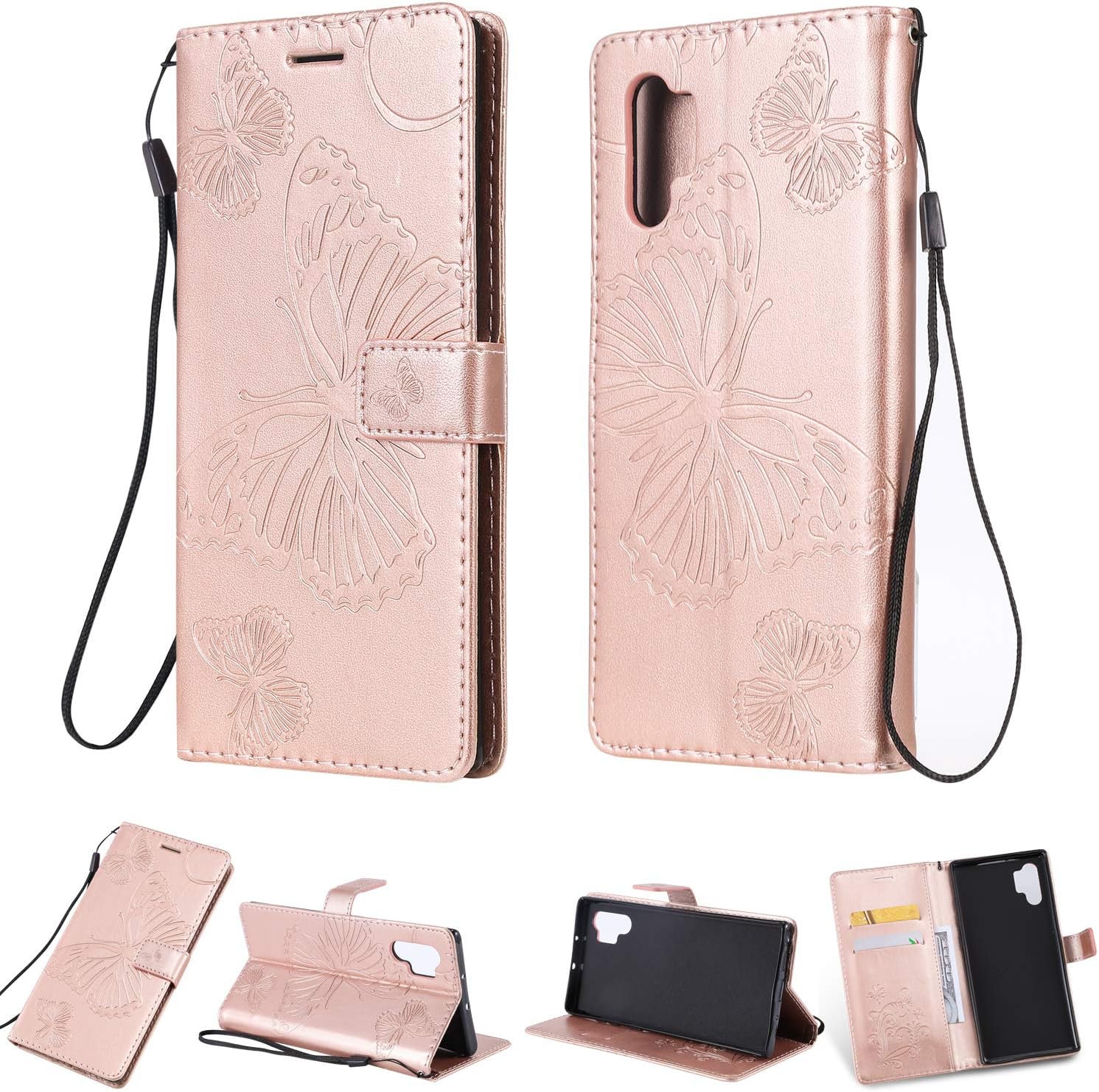 Amocase Wallet Leather Case with 2 in 1 Stylus for Samsung Galaxy Note 10 Plus/Note 10 Plus 5G,Premium Strap 3D Butterfly Magnetic PU Leather Stand Shockproof Card Slot Case - Rose Gold
