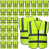 JaGely 30 Pack Reflective Safety Vests with Pockets, High Visibility Mesh Construction Vest for Men Women, Neon Yellow, Size L