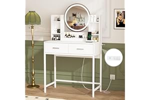HDDDZSW Vanity Desk with Mirror and Lights, Make up Vanity Desk with Charging Station and 2 Drawers, Dressing Table with 3-Lighting-Modes Makeup Mirror, White Vanity Makeup Table for Bedroom