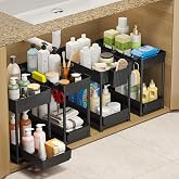 Sevenblue 4-Pack 2-Tier Under Sink Organizer with Pull Out Drawers | Multi-use kitchen &amp; bathroom storage. Includes hanging hooks and cups. Black, space-saving cabinet design.