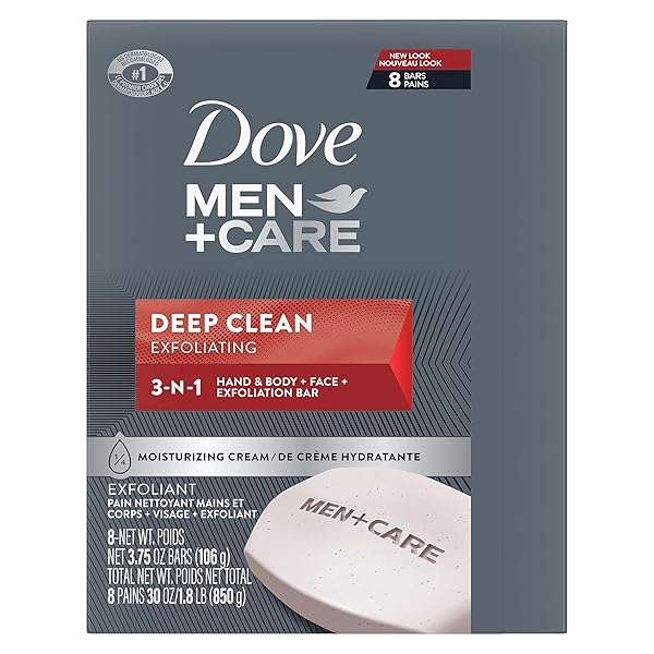 DOVE MEN+CARE MEN’S BAR SOAP DEEP CLEAN 8 BARS MORE MOISTURIZING THAN BAR SOAP EFFECTIVELY WASHES AWAY BACTERIA, NOURISHES YOUR SKIN 3.75 OZ
