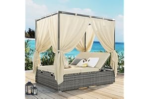 HARPER & BRIGHT DESIGNS Patio Chaise Lounge, Gray PE Rattan Outdoor Patio Wicker Sunbed Daybed with Adjustable Seats, Four-sided Canopy, Overhead Curtain and Beige Cushions for Backyard, Garden, Poolside (for 2-6 people)