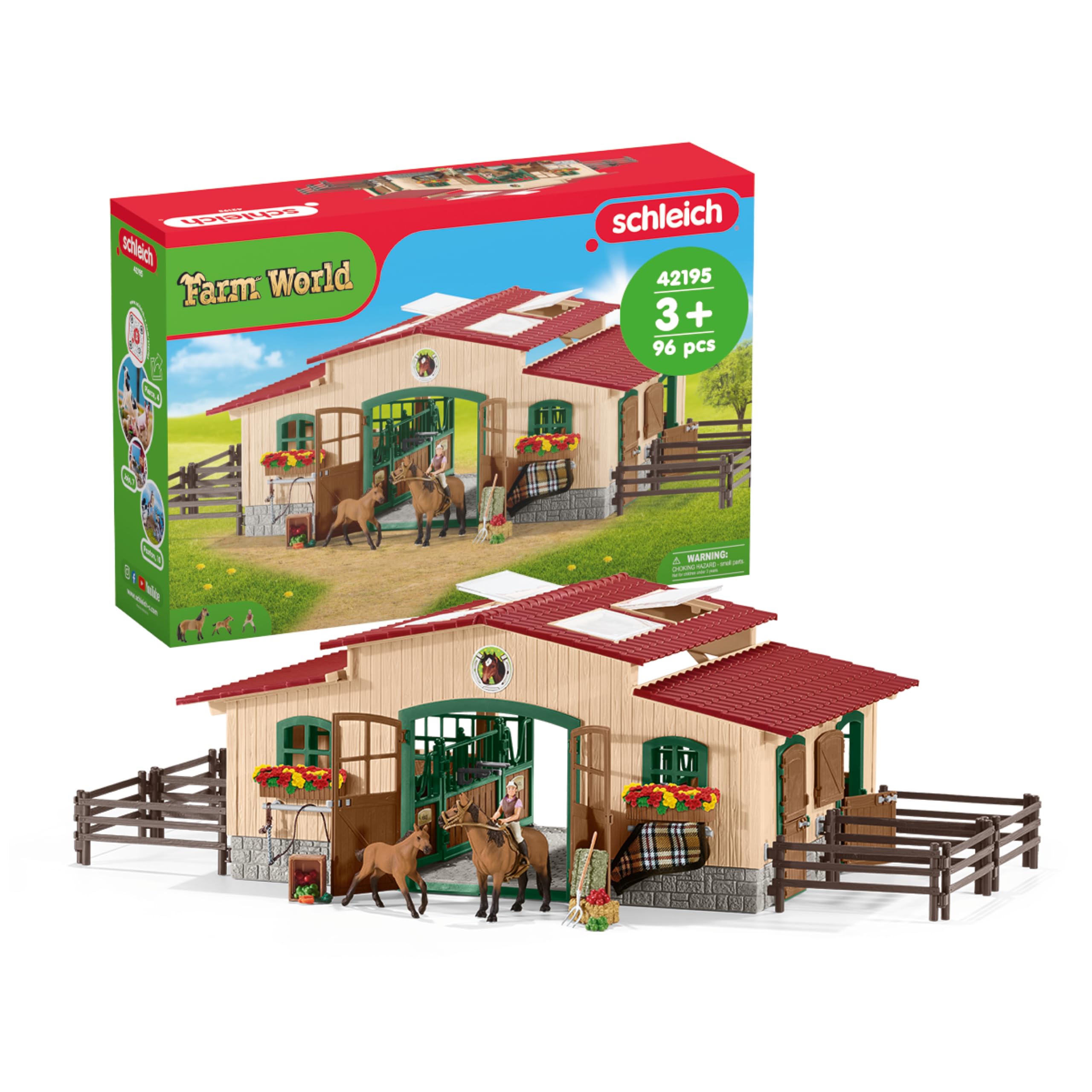 SCHLEICH Farm World - 96PC Horse Barn and Stable Playset - Riding Center with 2 Pony Toys, Rider Figurine, and accessories - Farm Animal Toys for Girls and Boys - Kids 3+