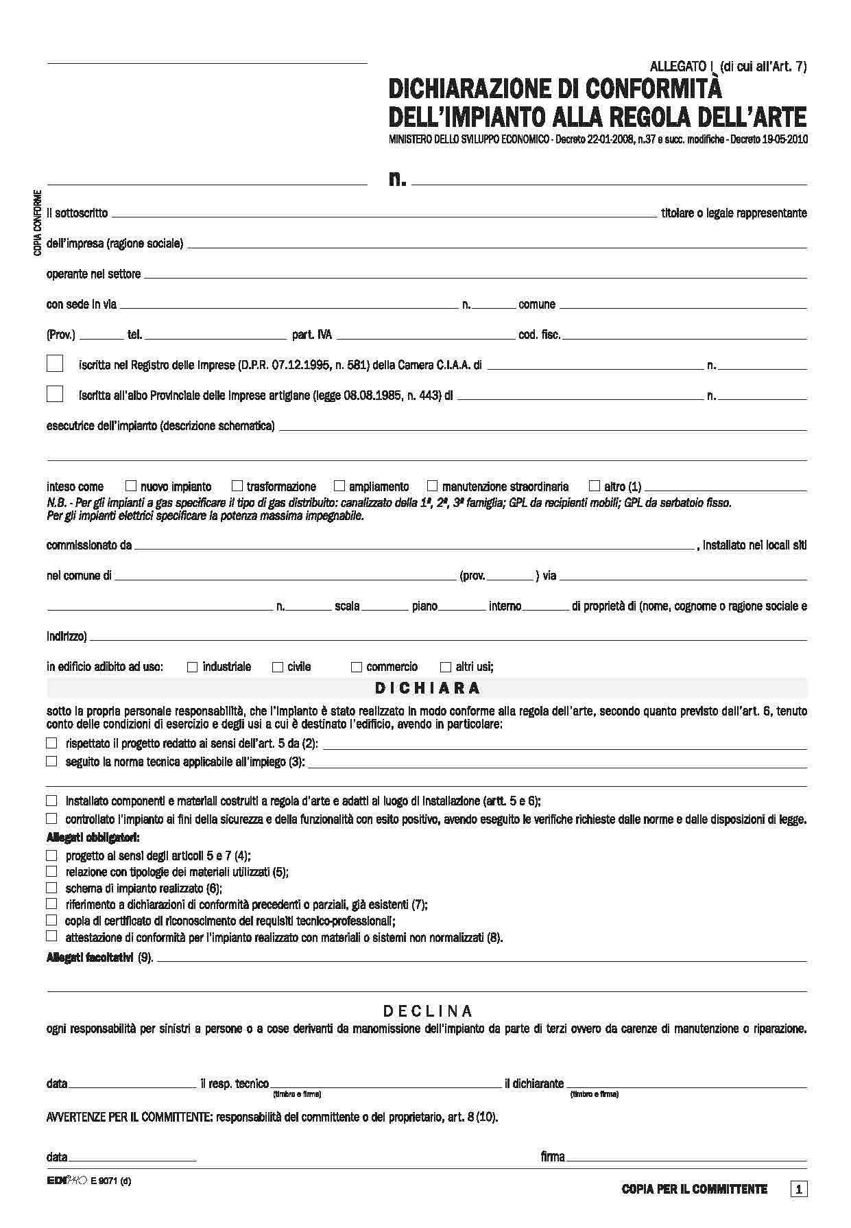 Edipro E9071 Implant Compliance Declaration (Annex I) Installing Companies 5 Copies Snap F.to 9.9 x 17