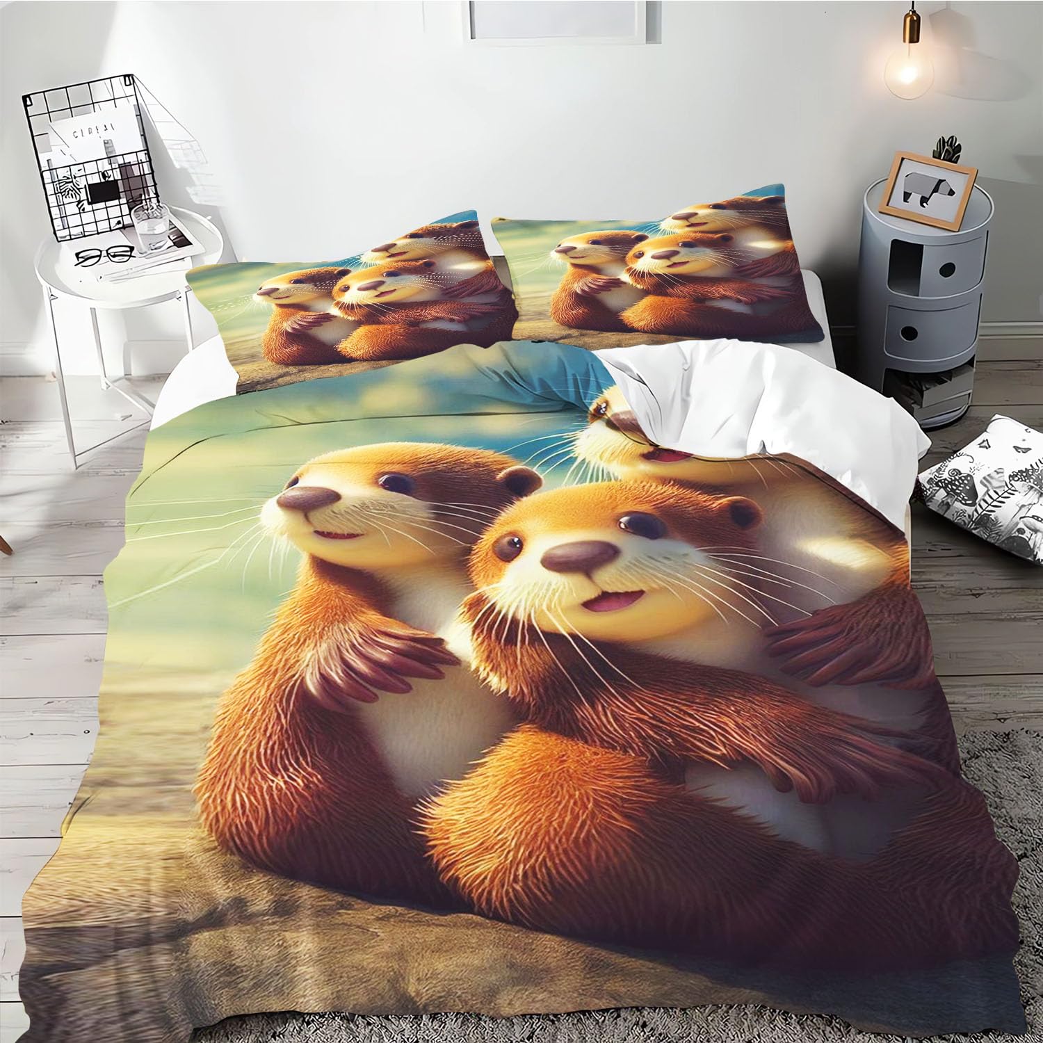 SMchwbc Otter Bed Linen 135 x 200 cm, Cute Otter Duvet Cover for Boys Girls, Otter Animal Bed Linen Set, 3D Print, Ottertier Bed Linen, 100% Microfibre, Animal Red Duvet Cover (220 x 240 cm, 5)