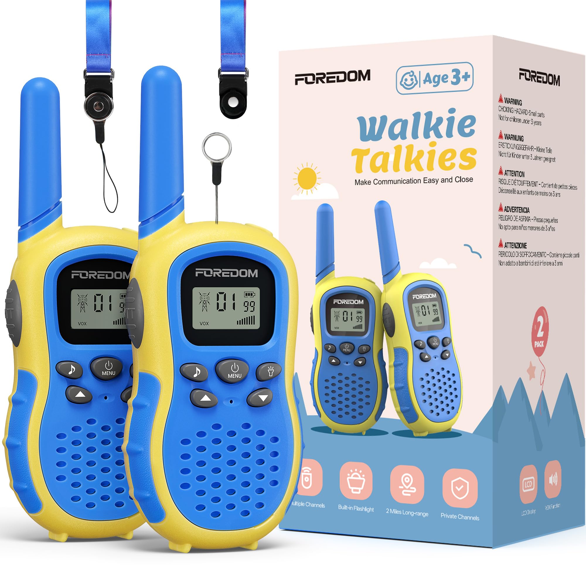 FOREDOM Walkie Talkies for Kids Walkie Talkies Long Range for Boys Age 3 to 12 Year Old Birthday Toys with Flashlight, Lanyards, 2 Pack - Blue — image 1
