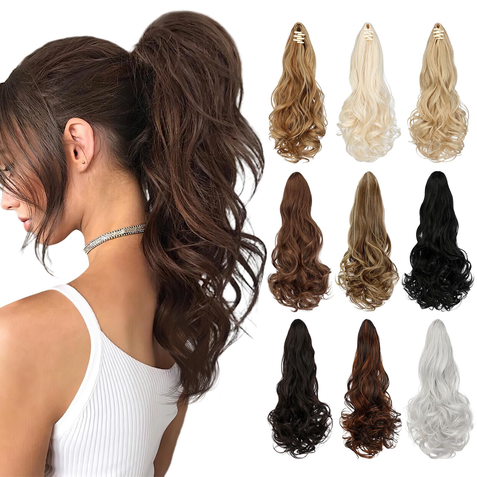 Photo 1 of FELENDY 18" Ponytail Extension Small Claw Clip Curly Ponytail Hair Extensions Jaw Clips Long Wavy Pony tail Hairpiece for Women Synthetic Dark Brown Mix Ash Blonde