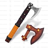 Handmade Viking Battle Ragnar Axe Ashwood Handle Carbon Steel Hammered Blade Leather Wrapped Grip Brass Riveted with Genuine Brown Leather Sheath