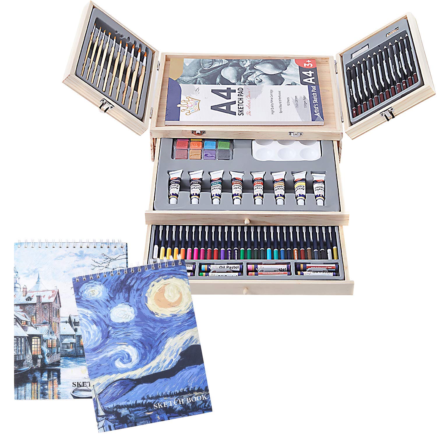 85 Piece Art Set with 3 x 50 Page Drawing Pad, Professional Art Set in Portable Wooden Case, Painting &amp; Drawing Set Art Kit for Kids, Teens and Adults