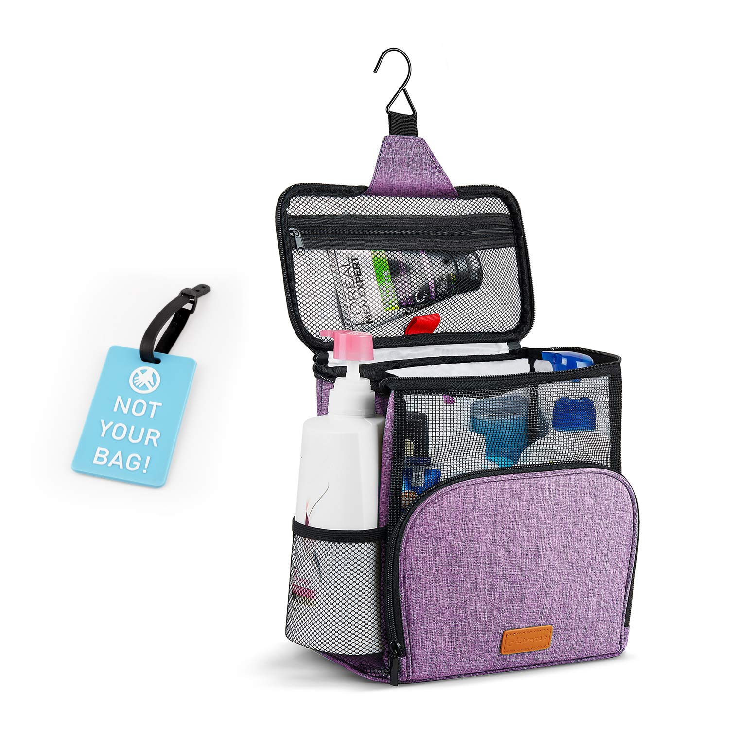 Hanging Toiletry Bag, Shower Caddy Tote Bag (Updated Version, Full Size Bottle Compatible), Bath Organizer for College Dorms, Gym, Camp, Women Men, with Funny Luggage Tag