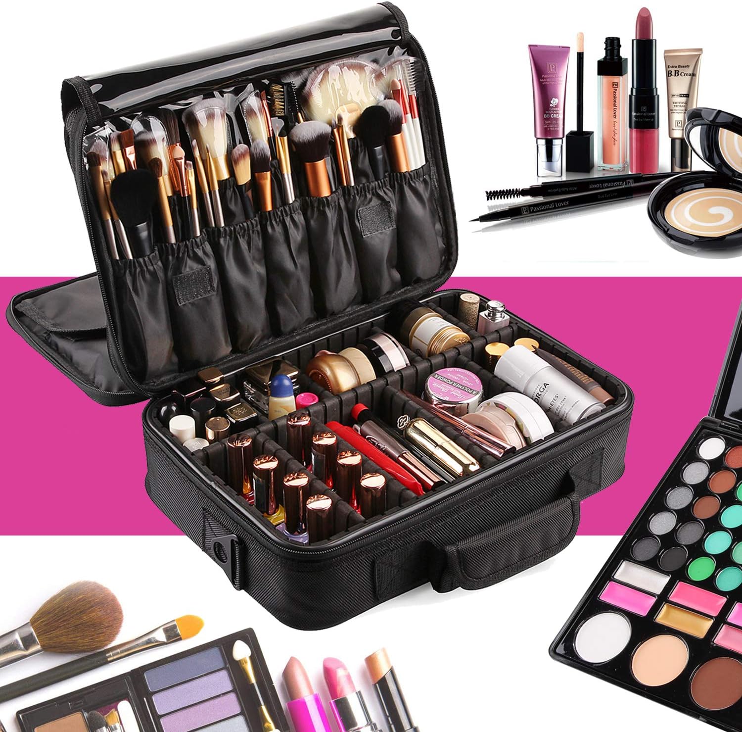 VASKER Large Makeup Case 3 Layers Makeup Bag Organizer Professional Waterproof Travel Cosmetic Case Box Portable Train Cases Black Brush Holder with Adjustable Divider Gift for Women : Beauty