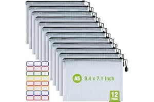 ASTEN 12 Pcs Plastic Mesh Zip File Bags, Waterproof Tear-Resistant Document File Folders, A5 Size Zipper Documents Pouch Document Organizer Bags for School Office Home Travel Storage(9.4×7.1Inch)