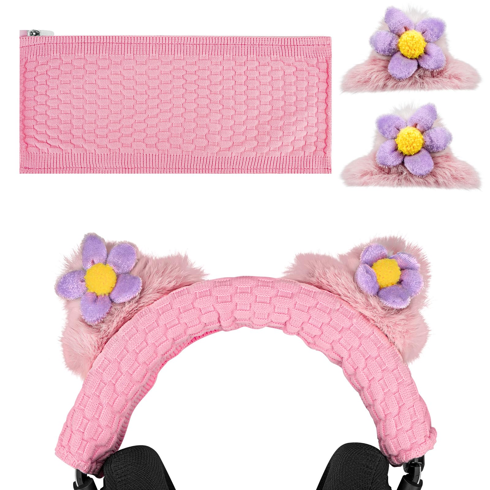 Geekria NOVA Knit Fabric Headband Cover and Cat Ears Attachment Set Compatible with Razer Kraken 7.1 v2, Sony MDR1ABT, MDR1AM2 Headphones(Purple/Pink)