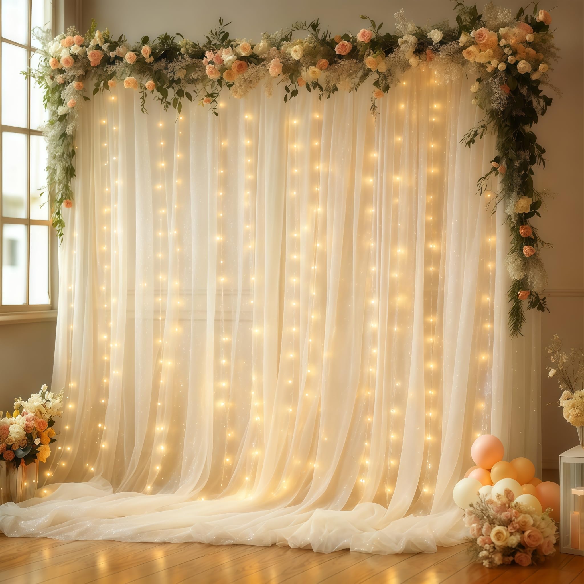 Photo 1 of 10x10FT Cream Wrinkle Free Backdrop Curtains with Lights String for Parties - Photo Curtain Backdrop with Lights for Wedding Decorations, Bridal Baby Shower Birthday Party Photography Background