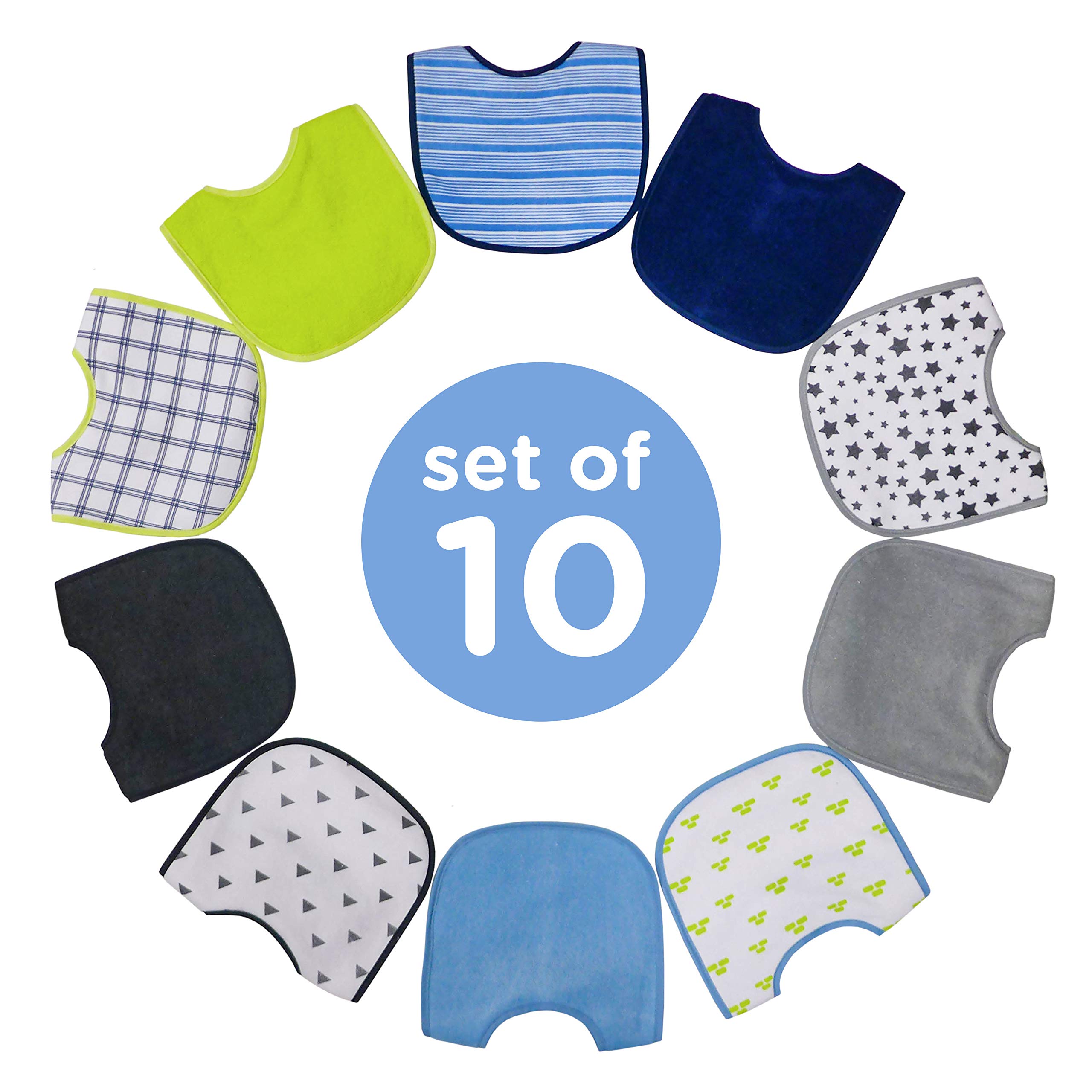 Neat Solutions 10 Pack Water Resistant Bib Set Blue/Grey Assorted, 10 Count, 0+ Months