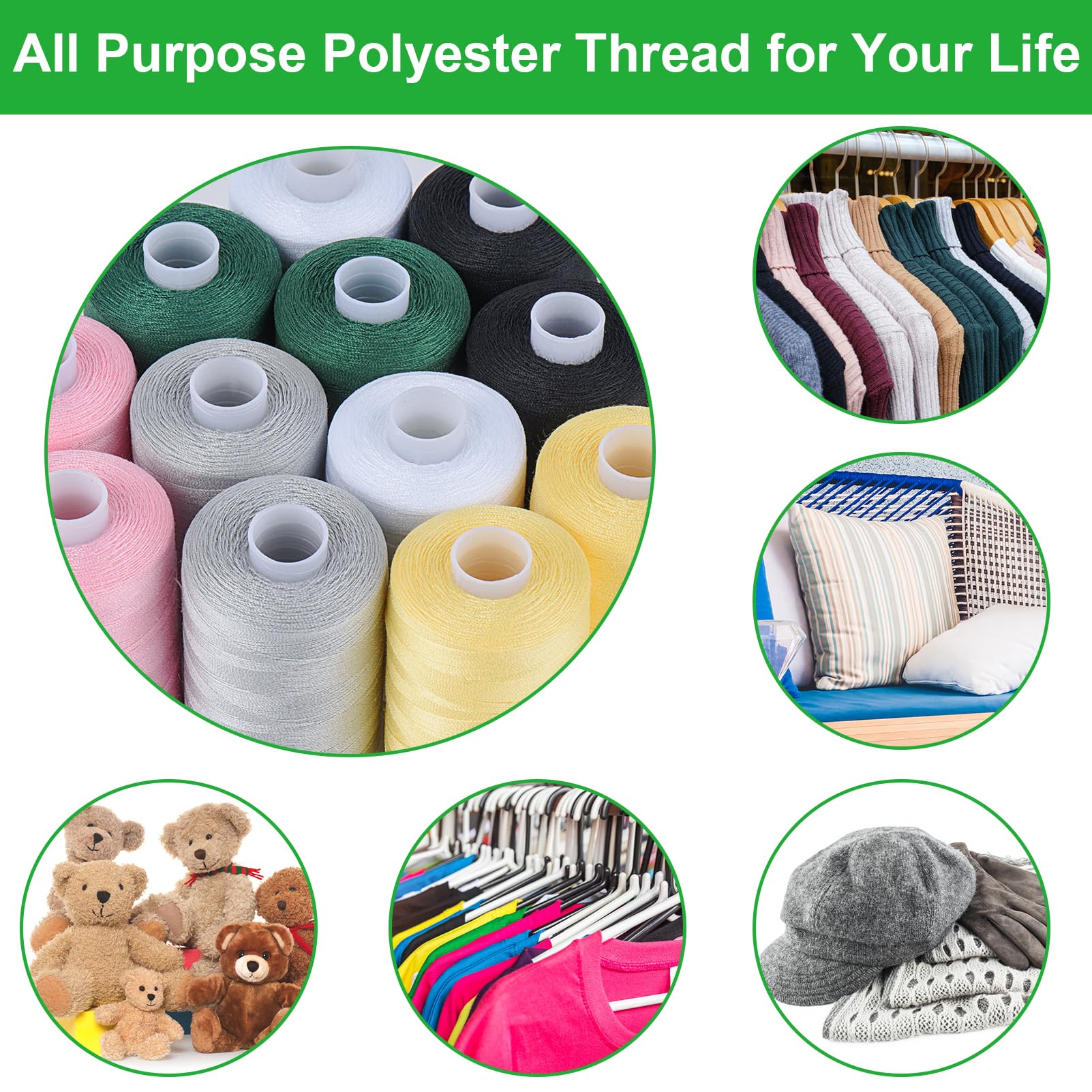 Simthread All Purpose Sewing Thread, 4 Spools Each 1000 Yards of Polyester Threads for Sewing Machine, Sewing Machine Supplies for Beginners, Hand Stitching, Quilting, Serger (2 White+2 Black)