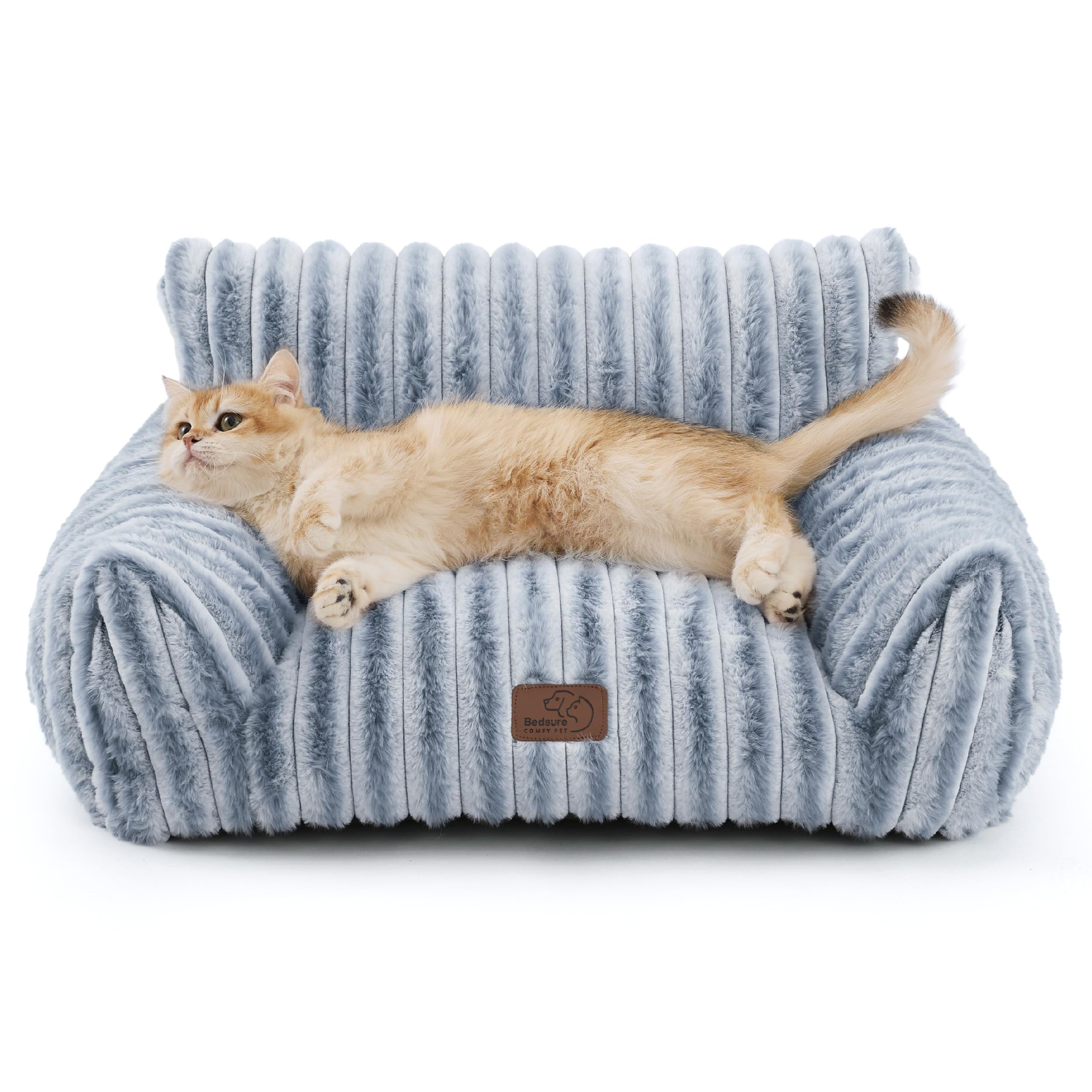 Bedsure ComfyFleece Cute Cat Couch for Pets - Fluffy Cat beds with Premium Soft Corduroy Fleece, Fuzzy Cats beds for Indoor Cats with Washable Cover, Supportive Pet Sofa, 24inch, Blue Indigo Image