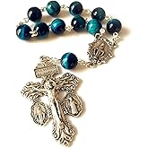 elegantmedical Handmade Peacock bule Tiger Eye Jade Beads car rosary catholic Prayer one Decade Rosary Bracelet Pardon Crucifix Cross Gift
