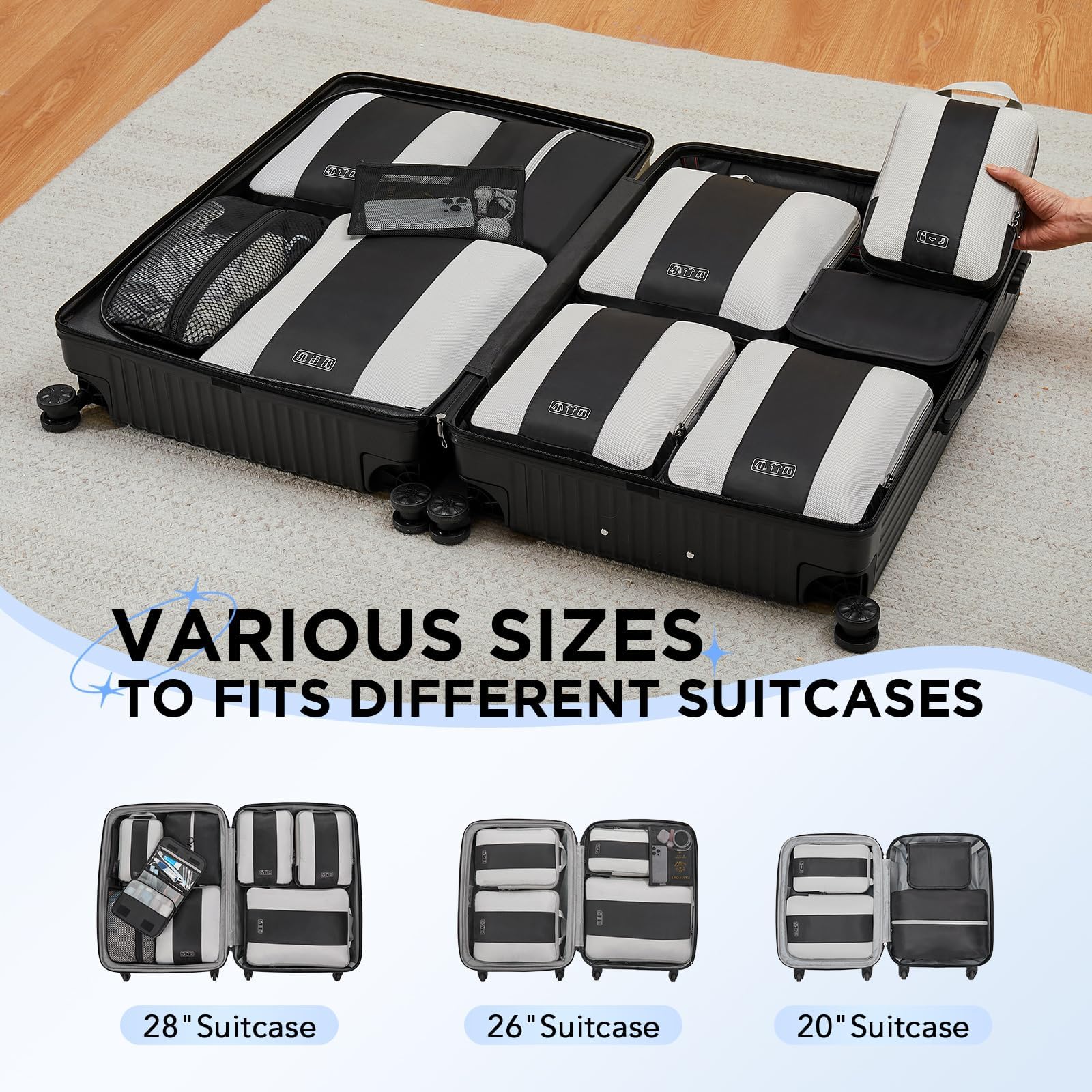 OlarHike 10 Set Compression Packing Cubes for Travel Essentials,Compressible Expandable Packing Cubes for Suitcase,OlarHike Luggage Organizer Bags for Travel,Handy Helper for Organizing Clothes(Black)