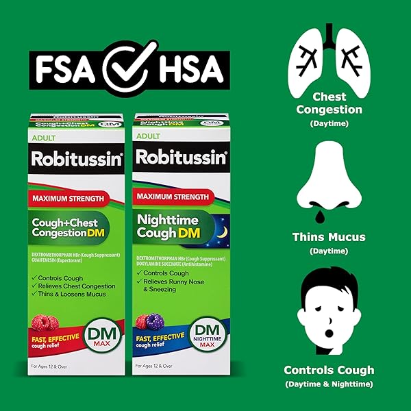 ROBITUSSIN DM MAX COUGH PLUS CHEST CONGESTION AND ROBITUSSIN MAXIMUM STRENGTH NIGHTTIME COUGH DM, ADULT FORMULAS – 2 X 8 FL OZ BOTTLES