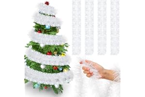 YILLOOG 72 Feet Christmas Tinsel Garland Shiny Metallic Tinsel Twist Garland Streamers Ornaments Long Glitter Christmas Tree Hanging Decorations for Party Holiday Wedding Birthday Tree Wall Rail (Snowy White)