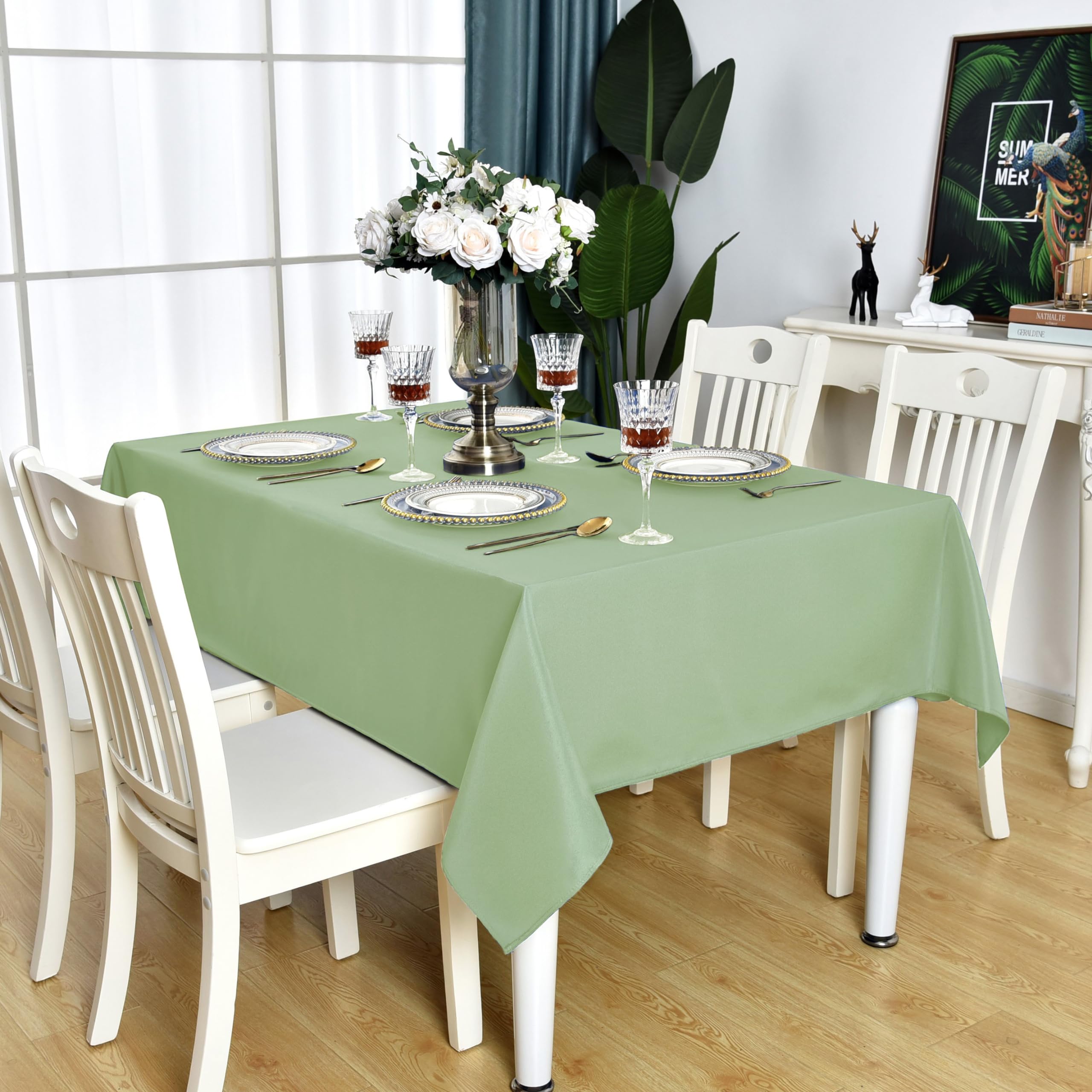 Photo 1 of KAIPHO Sage Green Square Tablecloth Waterproof Stain Resistant Wrinkle Free Table Cloth 210GSM Polyester Wipeable Table Cover for Party, Banquet, Indoor & Outdoor- Rectangle/Rectangular, 60 x 60 inch