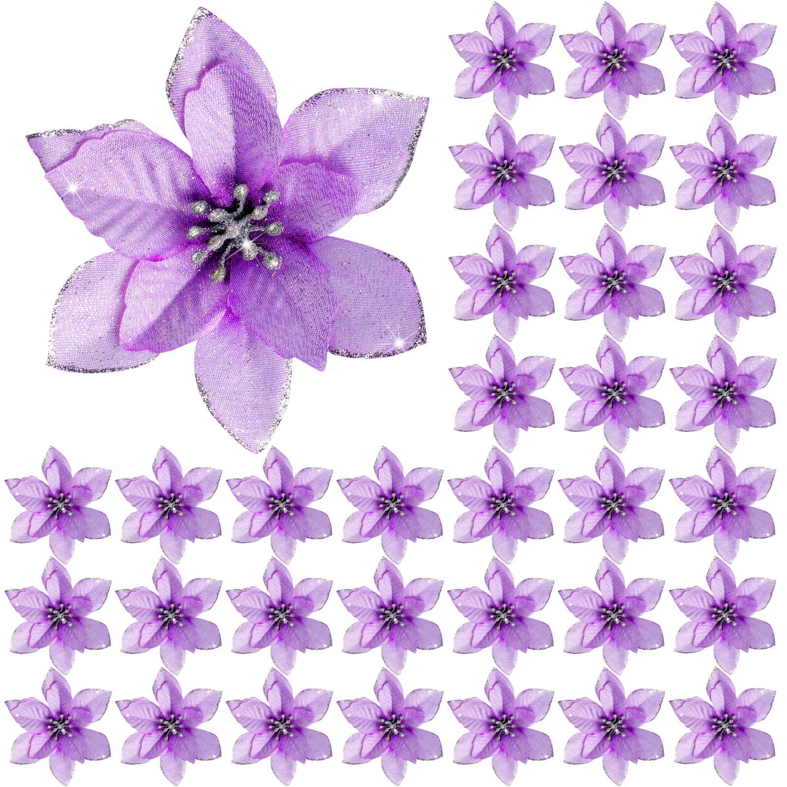 WILLBOND 45 Pieces Christmas Poinsettia Decorations Glitter Poinsettia Flowers Christmas Tree Flowers Red Gold White Silver for Xmas Tree Ornaments, 5 Inch (Purple)