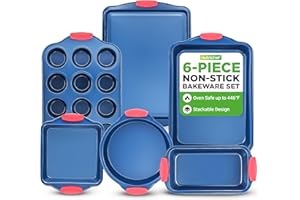 NutriChef Bakeware Set 6-Piece - Nonstick Blue Carbon Steel w/Red Silicone Handles, Includes: Roaster Pan, Large Cookie Sheet