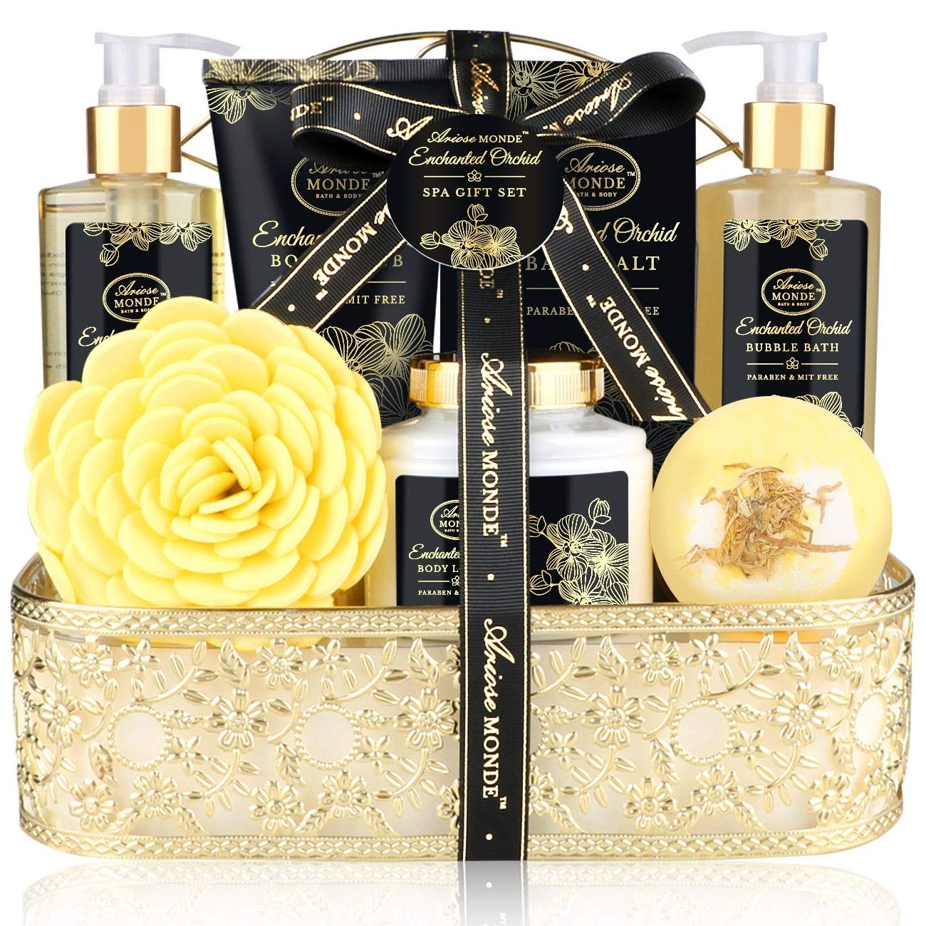 Gift Bath & Shower Spa Basket Gift Set, Enchanted Orchid Scent, with Shower Gel, Bubble Bath, Body Lotion, Body Scrub, Bath Bombs, Bath Salt and More, Bath and Body Gift Box for Women, 8Pcs : Beauty