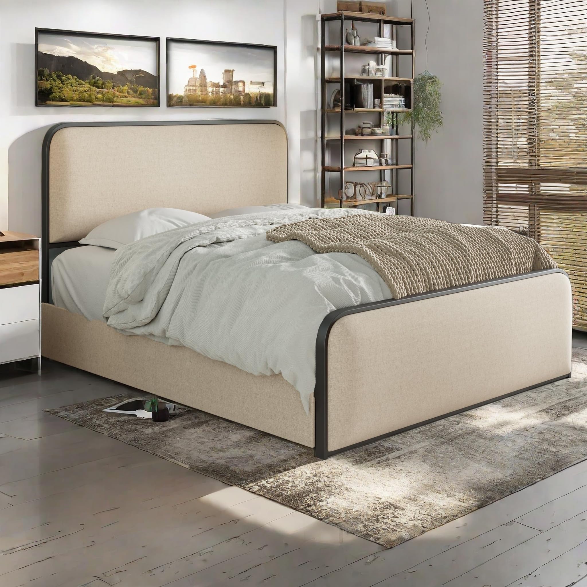 View 1 of ****STOCK PHOTO REFERENCE ONLY *** MISSING BOX***JIJIWANG King Upholstered Platform Bed with Drawers and Headboard Metal Bed Frame with Storage, Beige