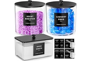 galasily 3 Pack Laundry Pods Container, Clear Laundry Room Organization Containers,Large Acrylic Detergent Powder Storage Containers Black Wooden Lids & Labels, Dryer Sheet Holder