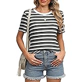 LILBETTER Summer T Shirts for Women Casual Striped Crewneck Basic Tops Short Sleeve Waffle Knit Hollow Out Shirt Blouses