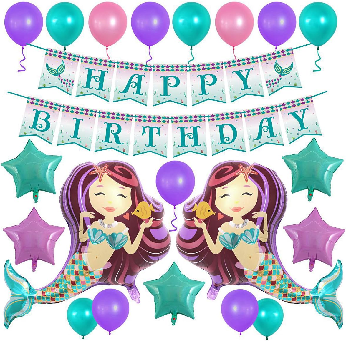Mermaid Balloons 96CM Glitter Happy Birthday Banner Party Decorations Helium Star Latex Balloon Pack