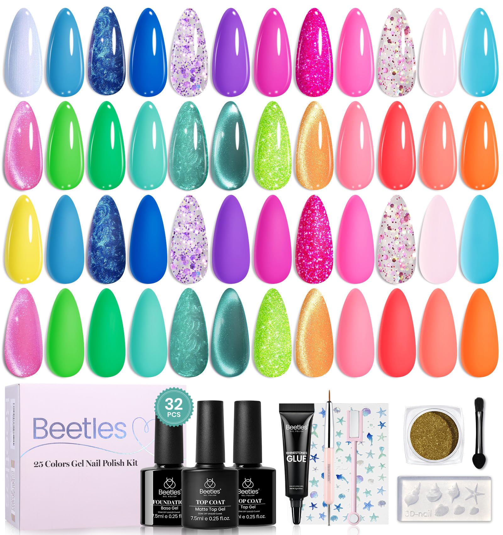 Beetles 25 Colors Gel Nail Polish Set, Ocean Odyssey Cat Eye Glitter Pearl Blue Pink Green Gel Polish Kit with Chrome Nail Powder Soak Off UV LED Nail Art Salon DIY at Home Manicure Gift for Women Image