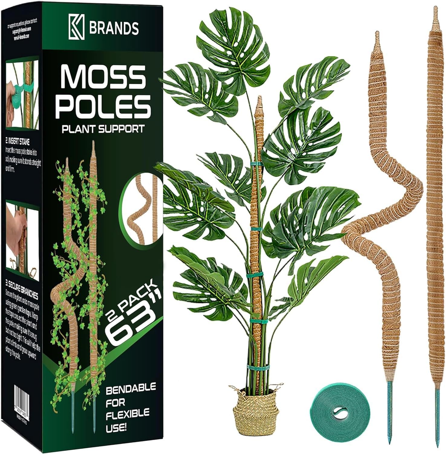 Photo 1 of 2 Pack 63'' Bendable Moss Pole Monstera Plant Support for Large Climbing Indoor Plants - Stakes for Potted Climbers - Tall Sticks Indoor Trellis for Houseplants - Accessories for Monstera Pot