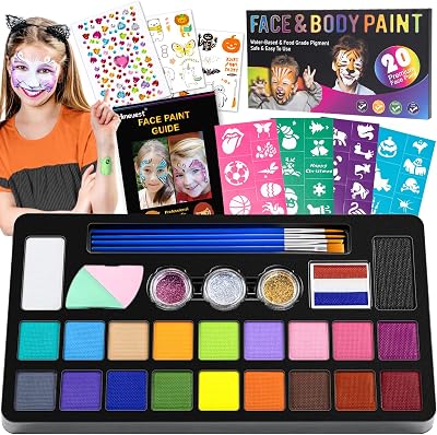 Hmeuest Face Painting Kit 20 Colors Non-Toxic Washable Glitter Stencils