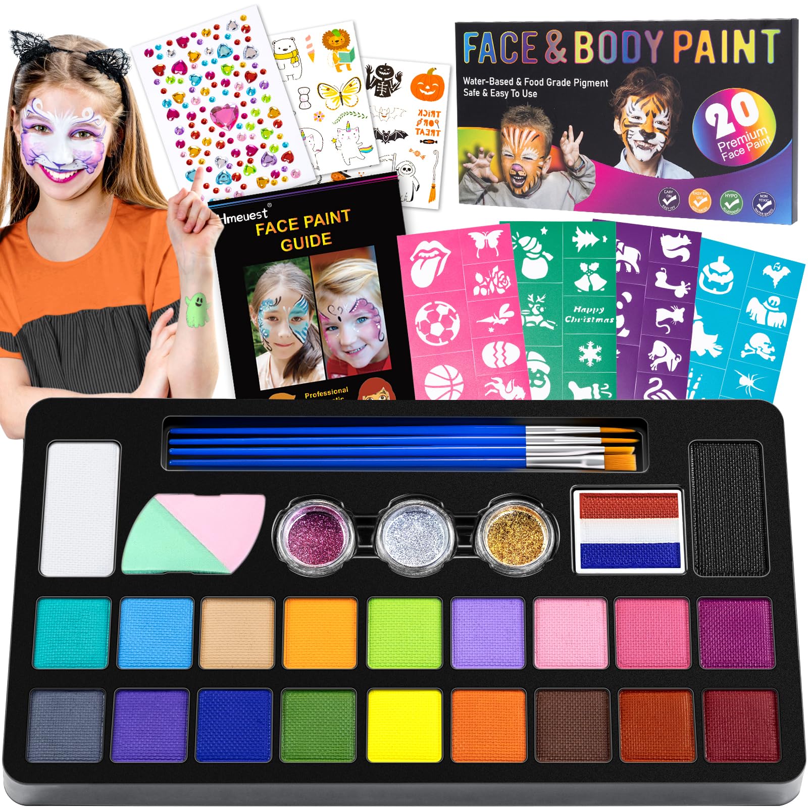 Face Painting Kit, 20 Colors Face Paints for Children, Non-Toxic & Washable Face Piant for Halloween Make Up, Including Glitter, Stencil, Tattoo for Kids - Unique Gift