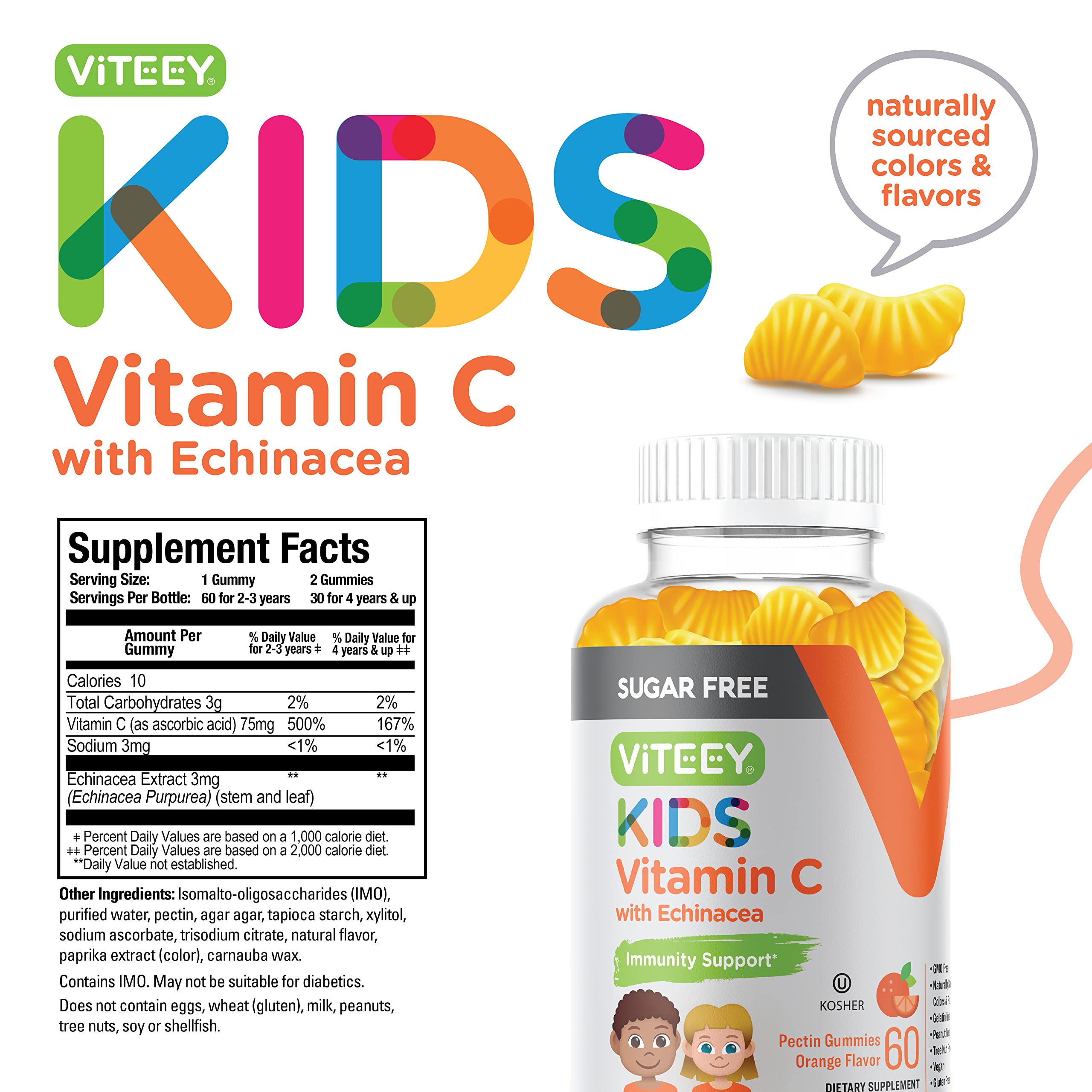 Viteey Kids Vitamin C Gummies 75mg, with Echinacea - Sugar Free - Immune Support for Toddlers, & Teens - Vegan, Gelatin Free, Gluten Free, GMO Free - Tasty Orange Flavored Kids Immunity Gummy