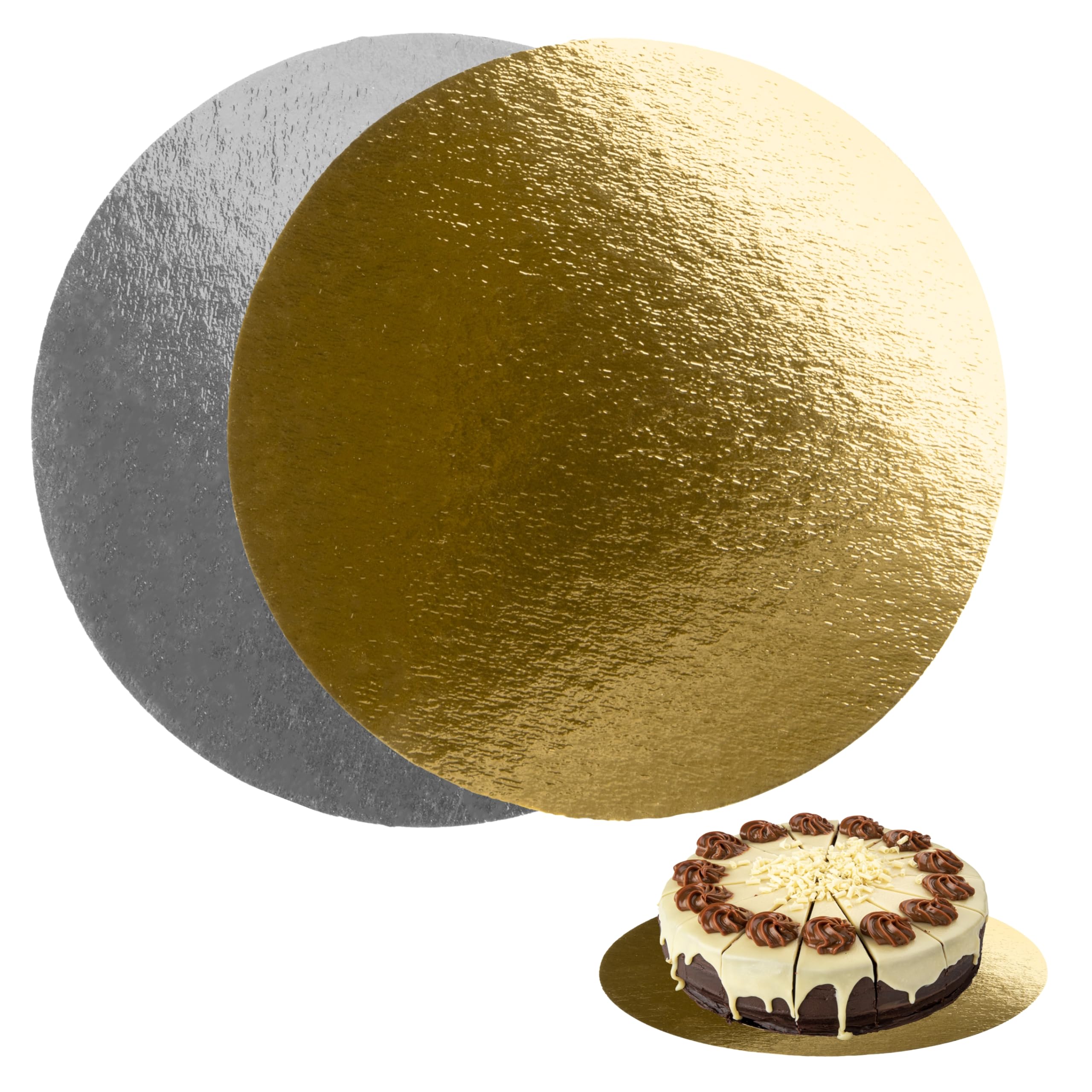 Cake Boards 12" (30cm) - Decorative Round Cardboard Pastry Base - 1 mm Thick - Double Sided Gold and Silver - 10 Pack