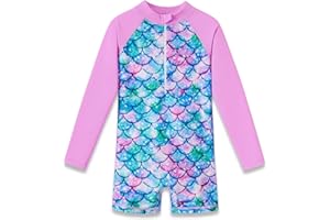 Dvenki Girls Long Sleeve Rash Guard One Piece Swimsuit - Mermaid Checker Face Zipper Front Toddler Bathing Suit 2T-10