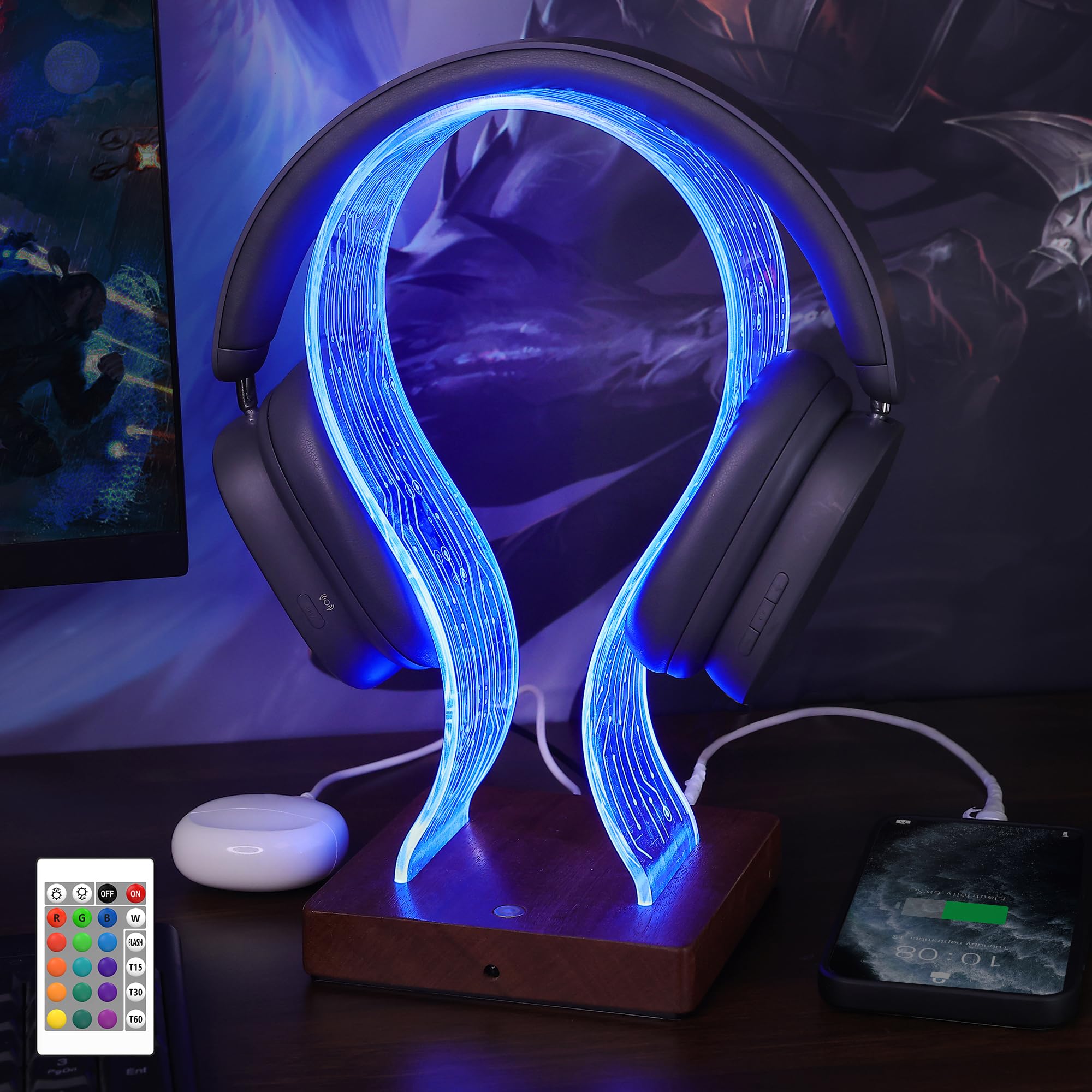 YuanDian Headphone Stand with 16 Changing Colors, Wooden Headset Holder with 1 USB Charging Port and 1 Type-C Charging Port Touch Control with Remote, Gift for Gamers, Men, and Music Lovers