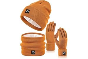 SENPUKI Winter Smiley Face Beanie Hat Scarf Gloves Set Women Men,Cute Hats Fashionable Warm Neck Warmer Touchscreen Gloves Sets
