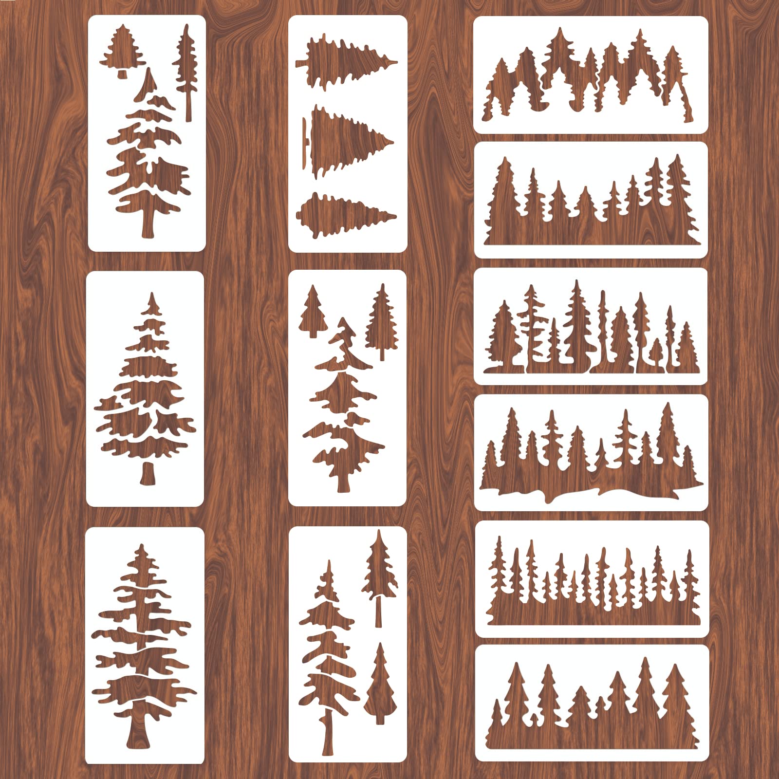 INFUNLY 12PCS Tree Stencil for Painting Reusable Painting Template Pine Tree Stencils 11.8x5.9inches Wall Stencils for Painting on Wood Forest Stencils for Painting on Wall Canvas Furniture Paper