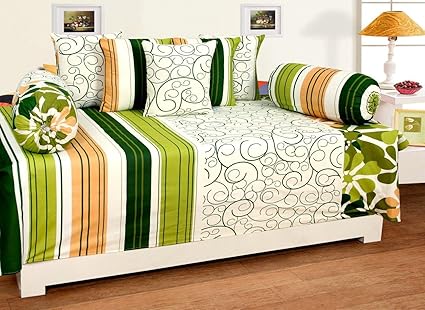 ZAINHOME Diwan Cotton Green White Stripes - Set of 8 Pieces