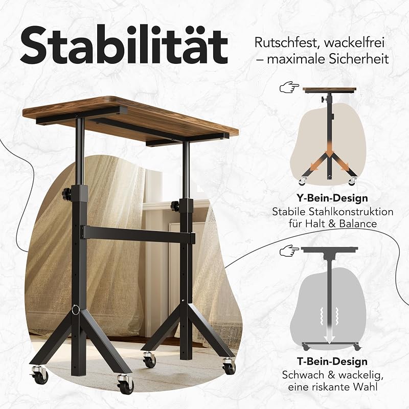 Höhenverstellbarer Schreibtisch 80 x 40cm mit Rollen