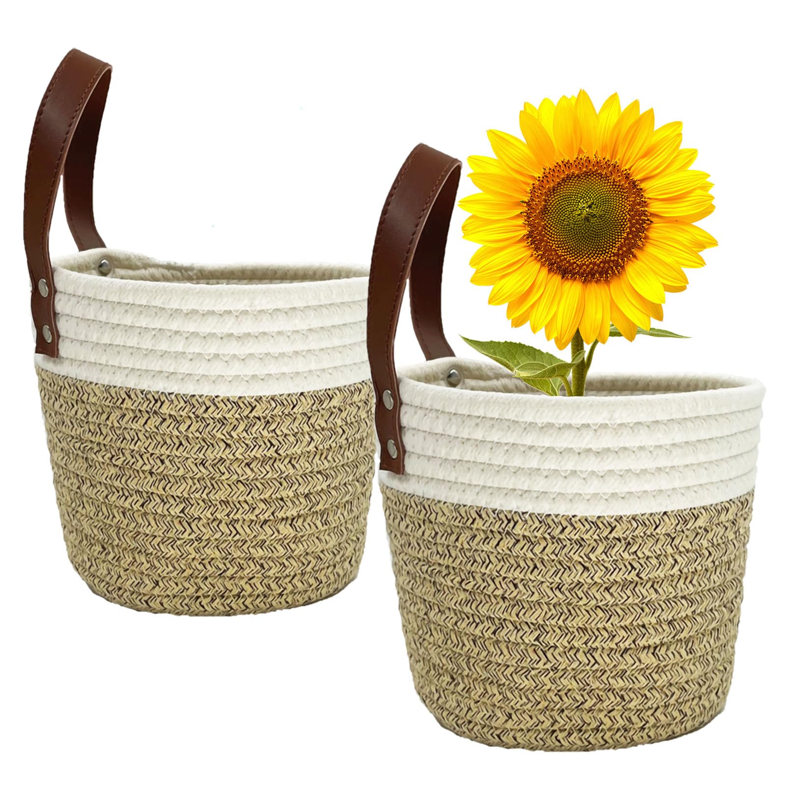 SOQKEEN Small Storage Baskets, 2 Pack 6"(15cm) Cotton Woven Hanging Plant Pots Storage Baskets with Leather Handles for Sunglasses Key, Indoor Plants Flower, Bathroom Accessories (Flaxen & White)